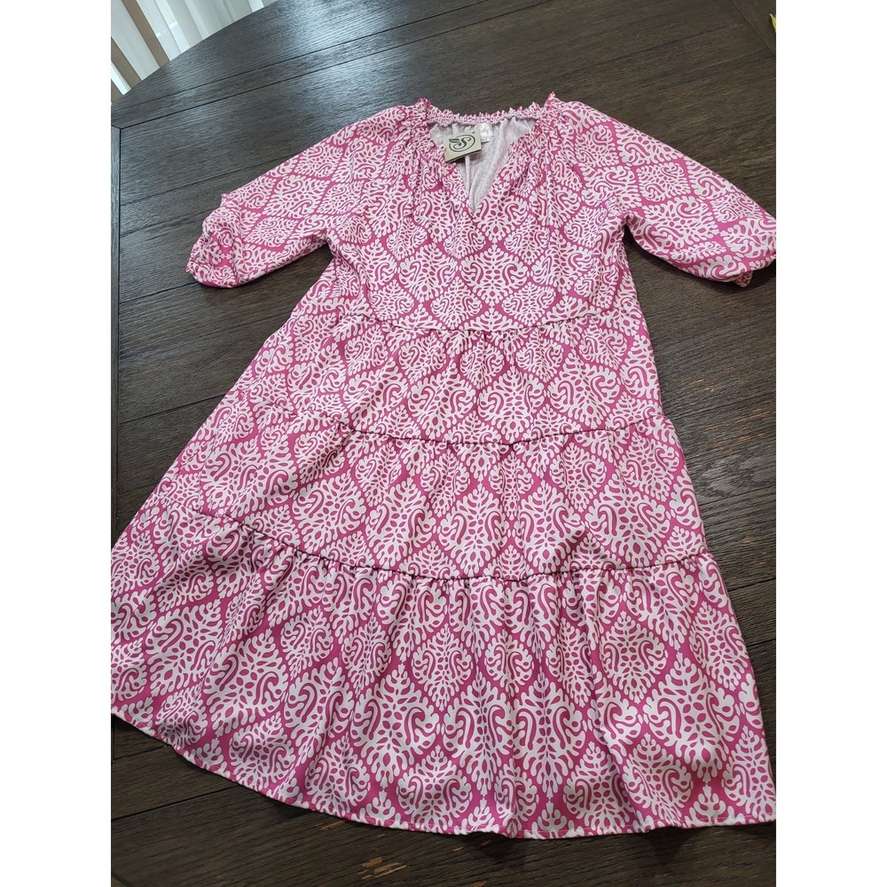 Top it Off Women Swim Cover Up M Pink Ruffle Neck Beach Pool Retro Mini Dress